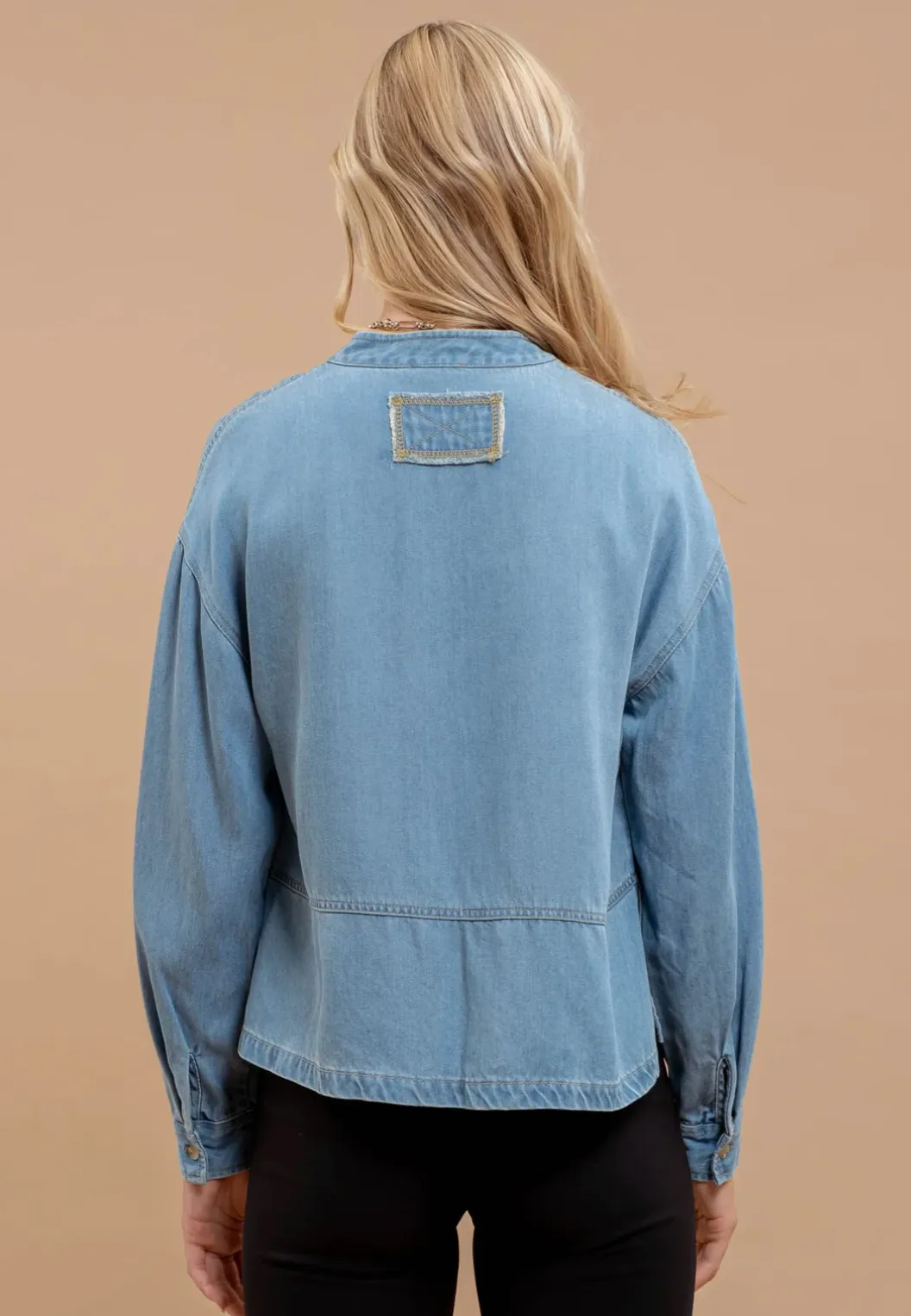 Denim Split Neck Long Sleeve Top
