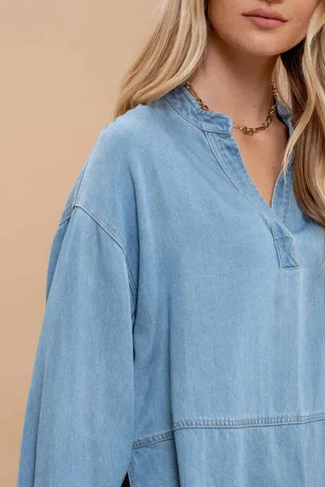 Denim Split Neck Long Sleeve Top