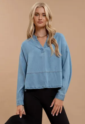 Denim Split Neck Long Sleeve Top