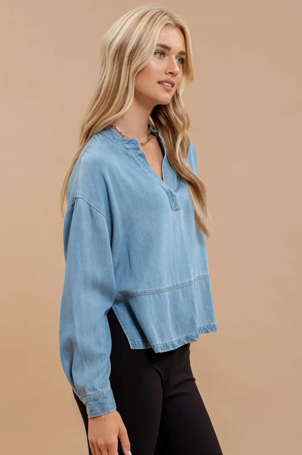 Denim Split Neck Long Sleeve Top