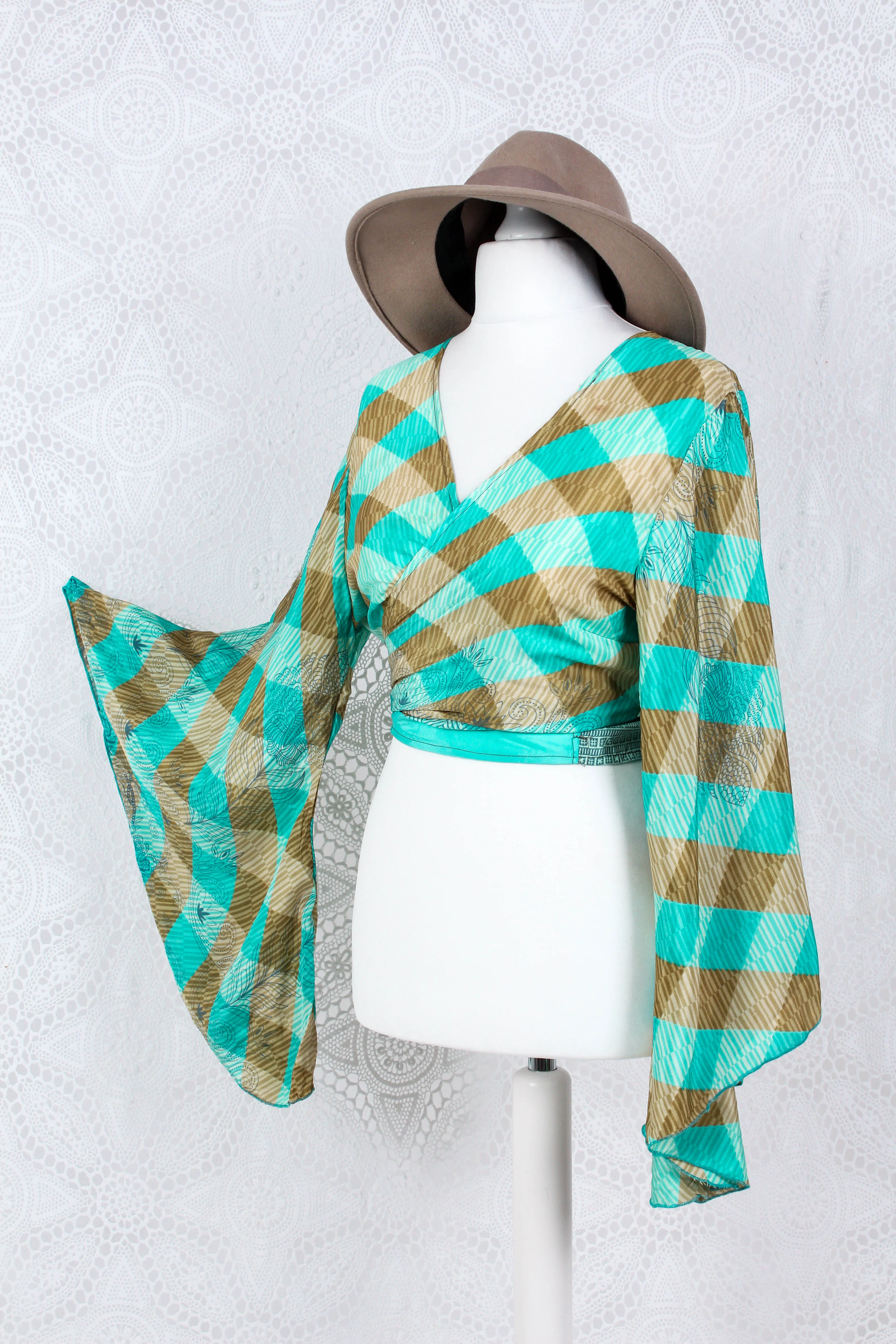 Gemini Wrap Top -  Vintage Indian Sari - Gold & Aqua Blue - Free Size