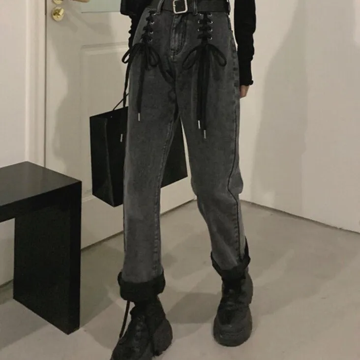 'Heat of the moment' Black Grunge Lace Up Denim Pants