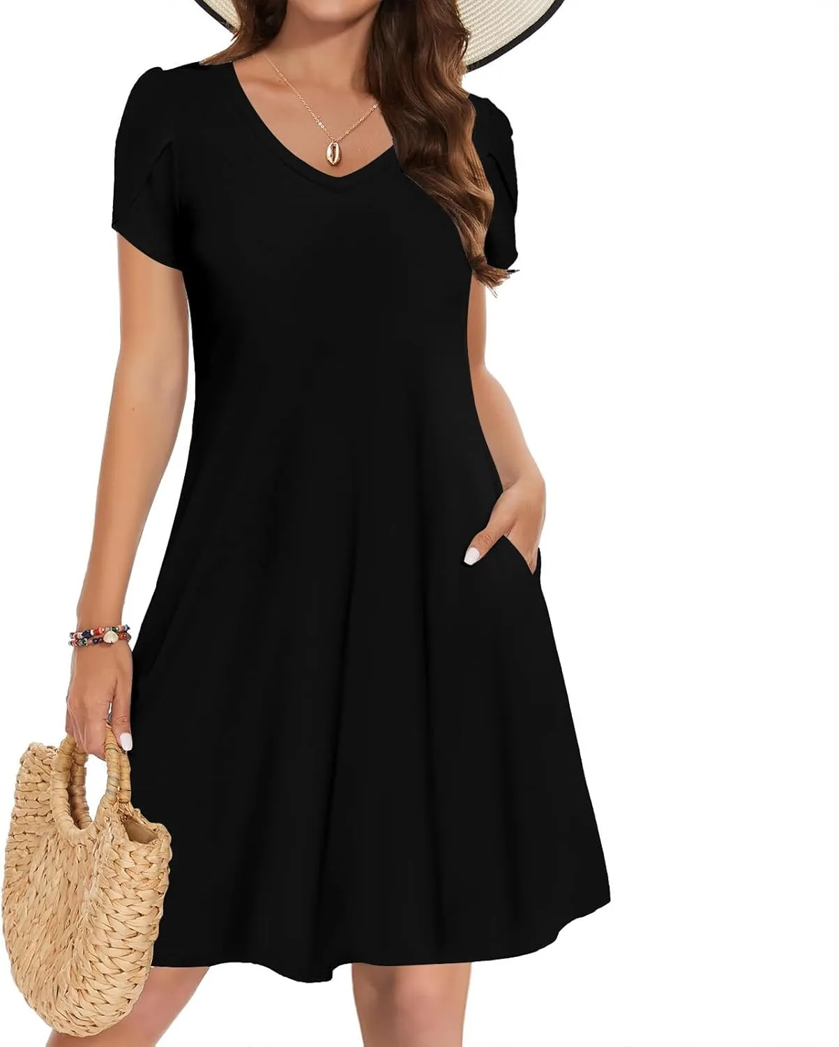 hlysgo Petite Dresses for Women 2025 Summer Petal Sleeve Crew Neck Beach Dress Casual A-Line Flowy Mini Dress with Pockets