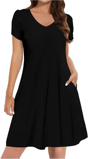 hlysgo Petite Dresses for Women 2025 Summer Petal Sleeve Crew Neck Beach Dress Casual A-Line Flowy Mini Dress with Pockets