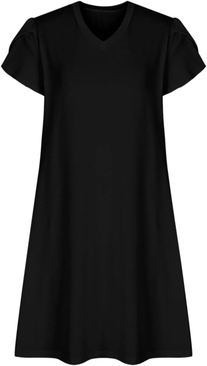 hlysgo Petite Dresses for Women 2025 Summer Petal Sleeve Crew Neck Beach Dress Casual A-Line Flowy Mini Dress with Pockets