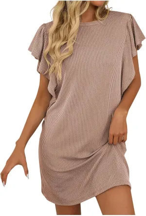 hlysgo Summer Dresses for Women 2025 Casual Loose Fit Short Sleeve Crew Mini Dresses Trendy Ladies Stripes Beach Dresses