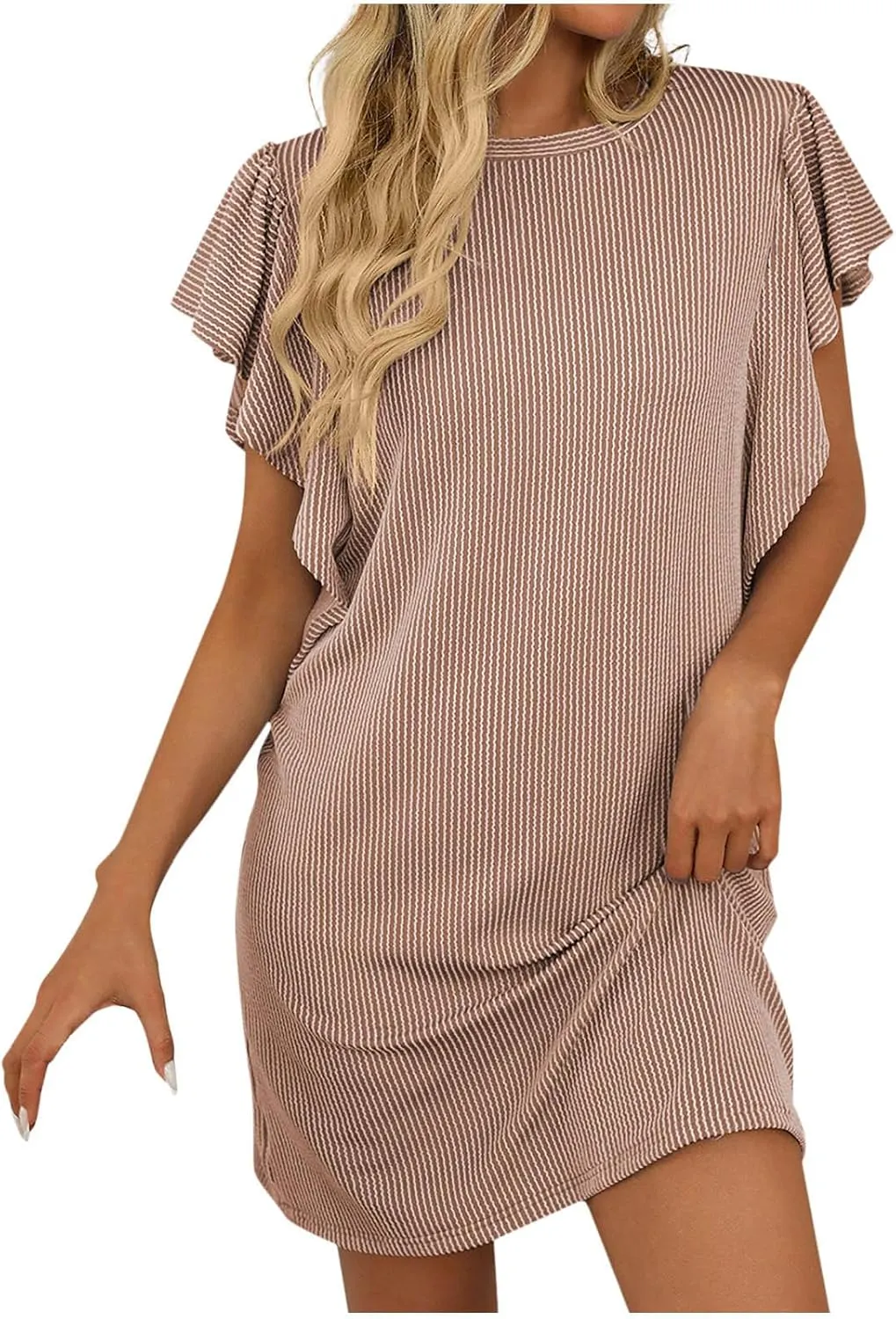 hlysgo Summer Dresses for Women 2025 Casual Loose Fit Short Sleeve Crew Mini Dresses Trendy Ladies Stripes Beach Dresses