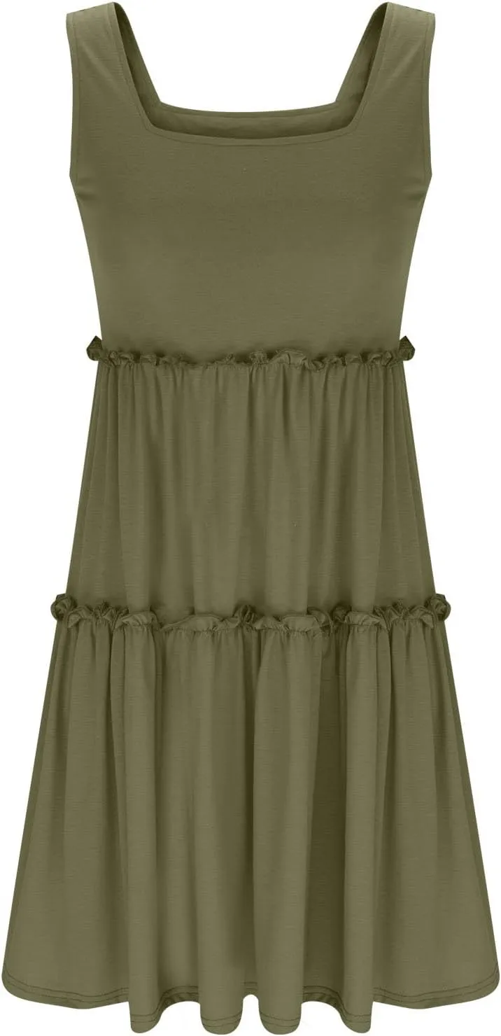 hlysgo Sundresses for Women Trendy Sleeveless Square Neck Tiered Mini Dress Casual Knee Length Beach Dresses Summer Clothes