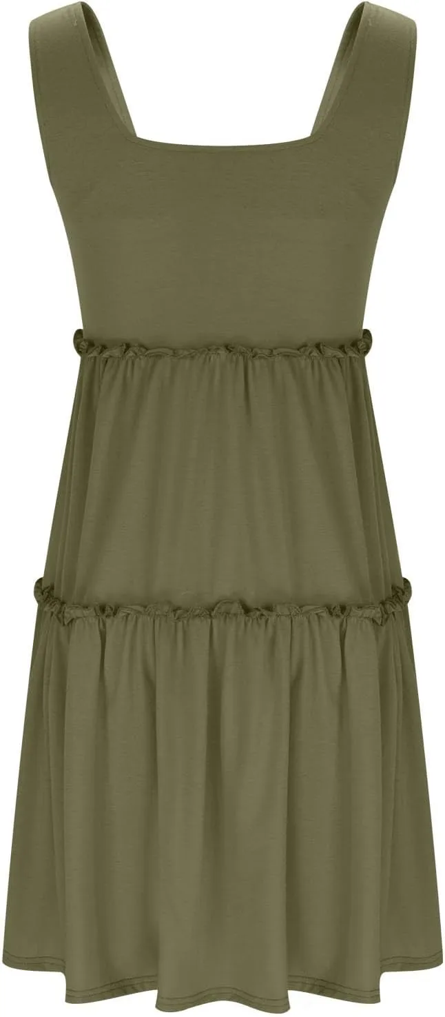 hlysgo Sundresses for Women Trendy Sleeveless Square Neck Tiered Mini Dress Casual Knee Length Beach Dresses Summer Clothes