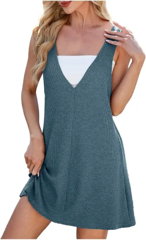 hlysgo Womens Mini Dress 2025 Summer Waffled V Neck Sleeveless Shorts Dresses Casual Loose Fit Beach Sundress for Ladies