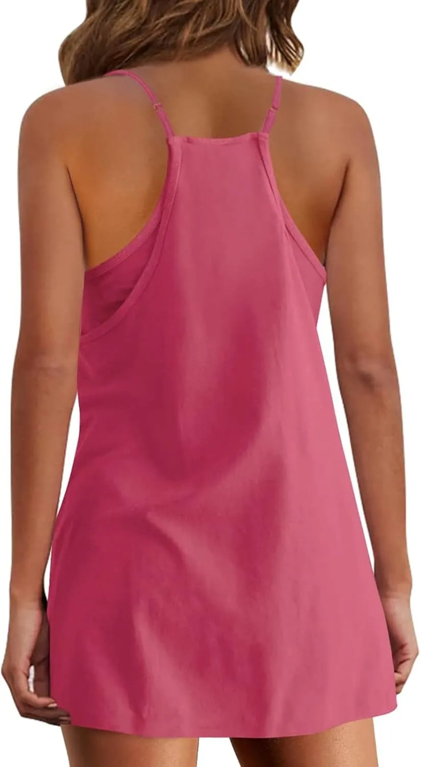 hlysgo Womens Summer Sleeveless Mini Dress Casual V Neck Spaghetti Strap Beach Sundress Athletic Short Dress with Pockets