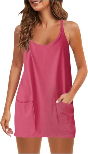 hlysgo Womens Summer Sleeveless Mini Dress Casual V Neck Spaghetti Strap Beach Sundress Athletic Short Dress with Pockets