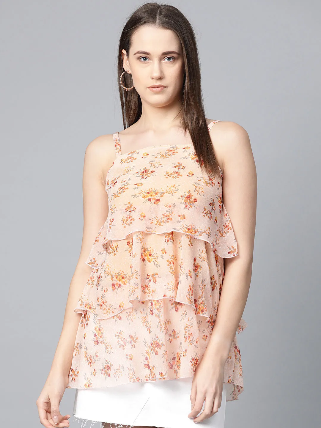 Jashvi Women Peach-Coloured & Grey Printed Tiered Top