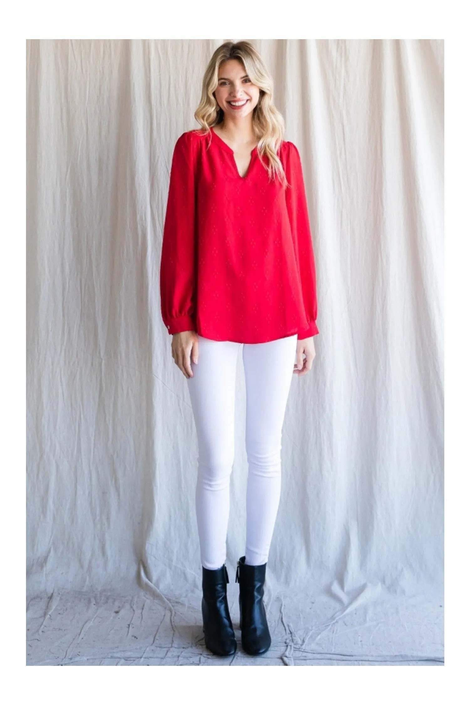 Jodifl Textured Tomato Red Top With A Collarless Neckline And Long Bubble Sleeves