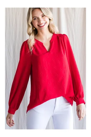 Jodifl Textured Tomato Red Top With A Collarless Neckline And Long Bubble Sleeves