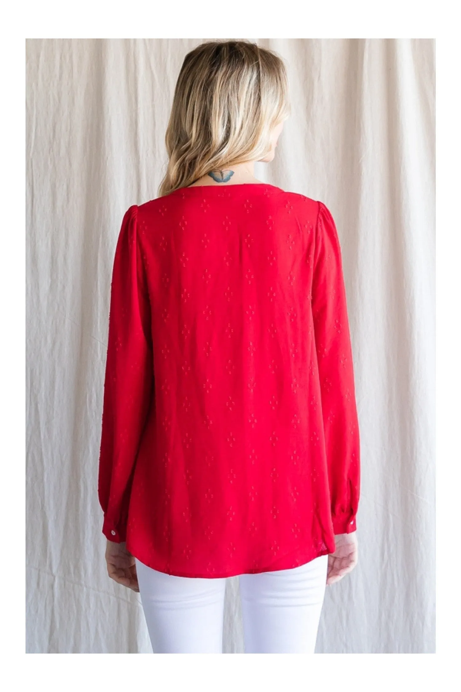 Jodifl Textured Tomato Red Top With A Collarless Neckline And Long Bubble Sleeves