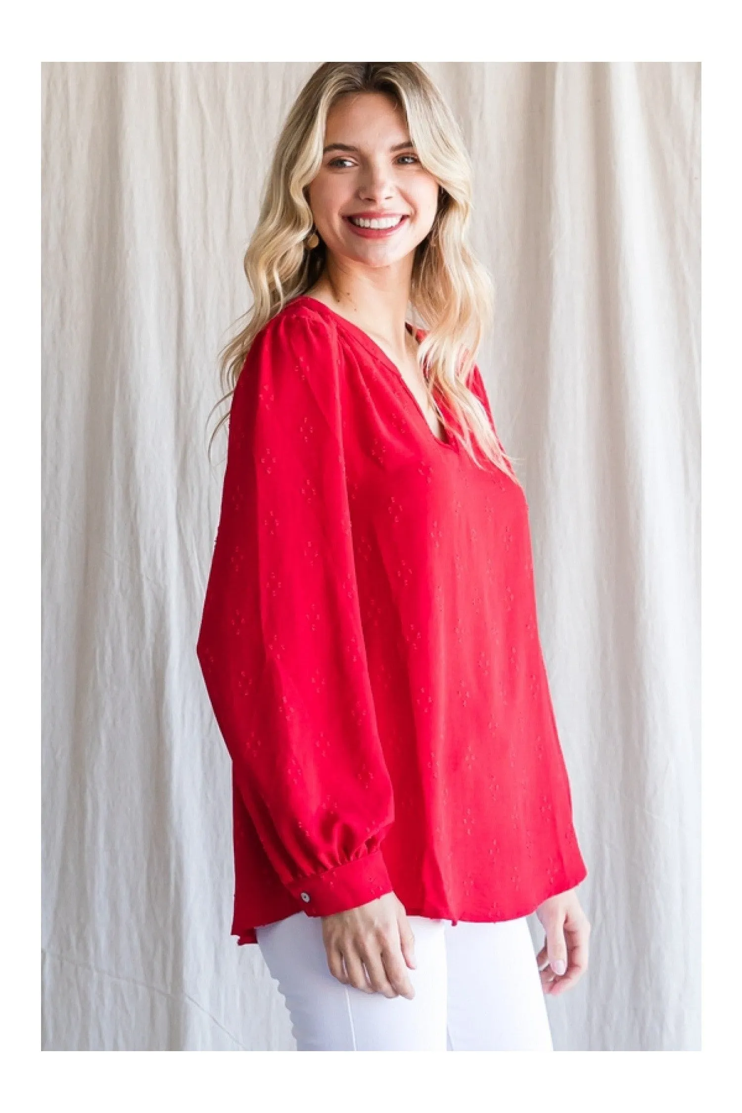 Jodifl Textured Tomato Red Top With A Collarless Neckline And Long Bubble Sleeves
