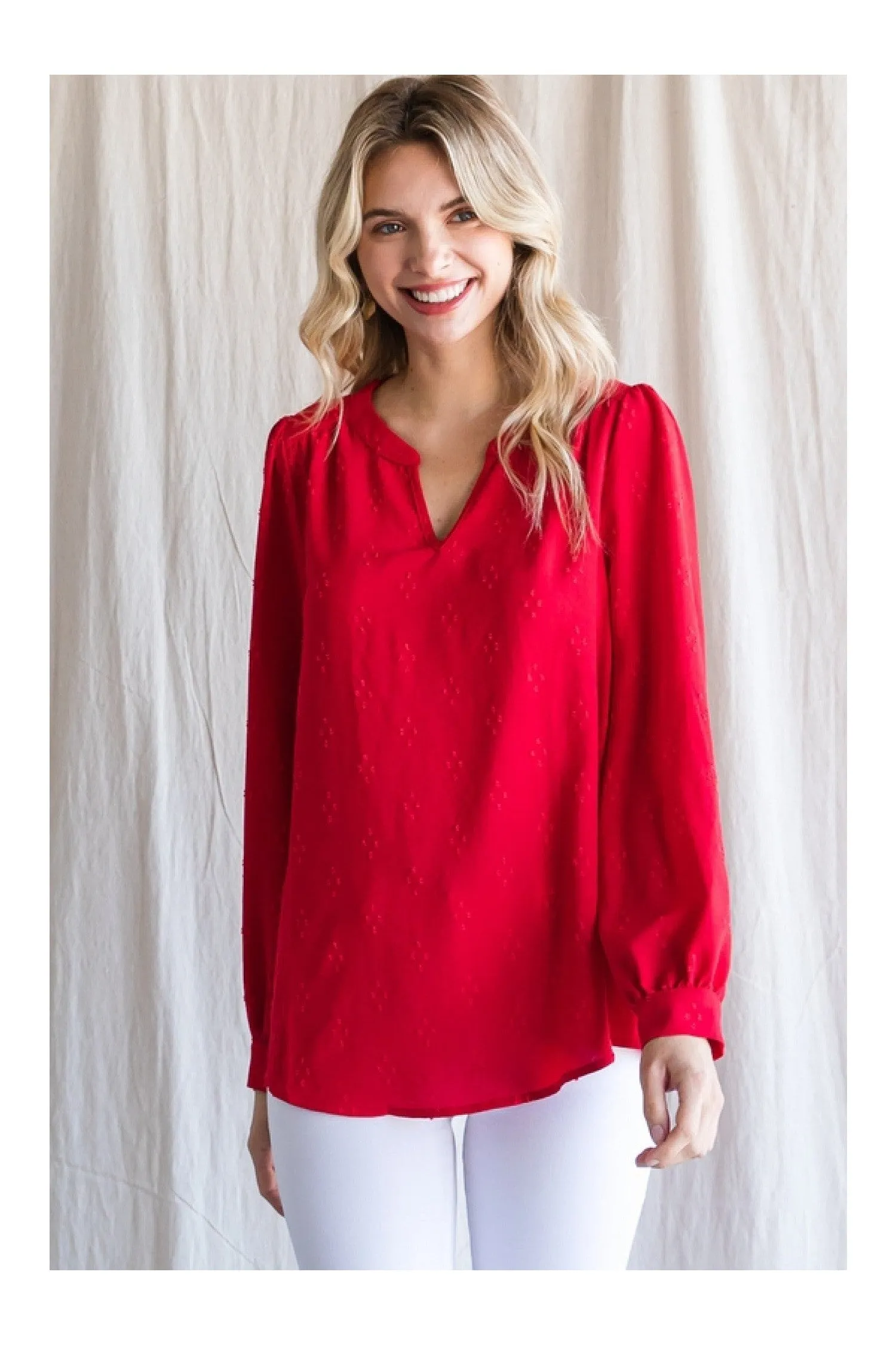 Jodifl Textured Tomato Red Top With A Collarless Neckline And Long Bubble Sleeves