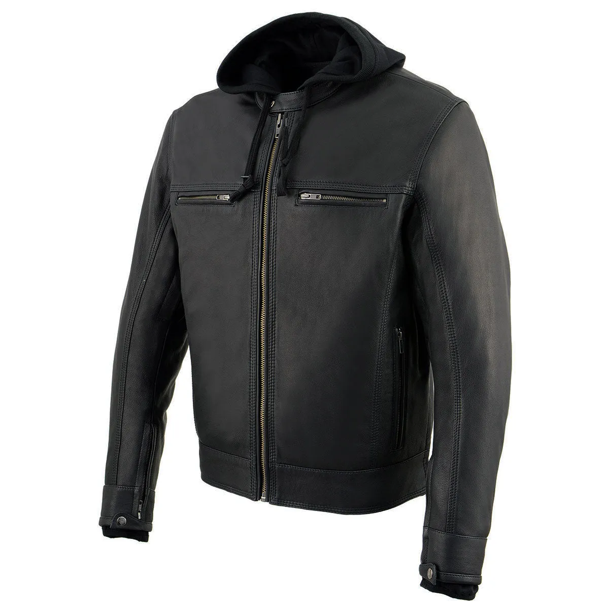 Milwaukee Leather MLM1552 Men's Black Leather Utility Pocket Vented Scooter Style Motorcycle Jacket w/ Hoodie