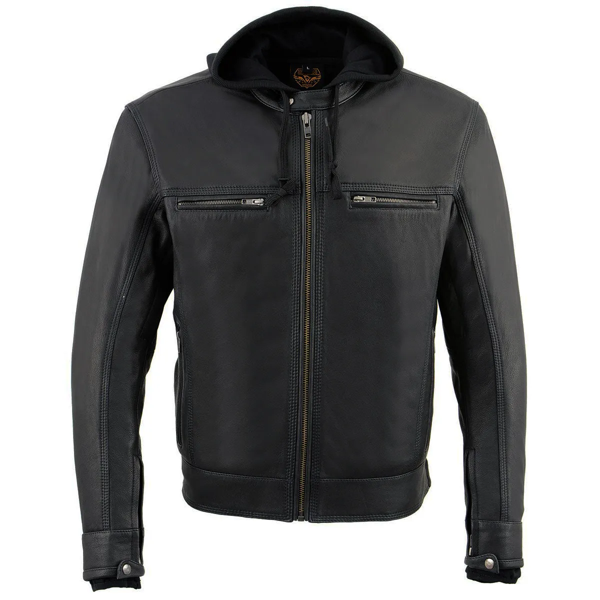 Milwaukee Leather MLM1552 Men's Black Leather Utility Pocket Vented Scooter Style Motorcycle Jacket w/ Hoodie