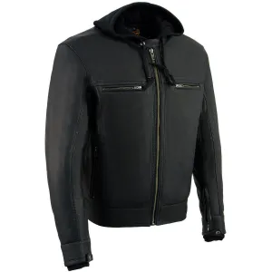 Milwaukee Leather MLM1552 Men's Black Leather Utility Pocket Vented Scooter Style Motorcycle Jacket w/ Hoodie