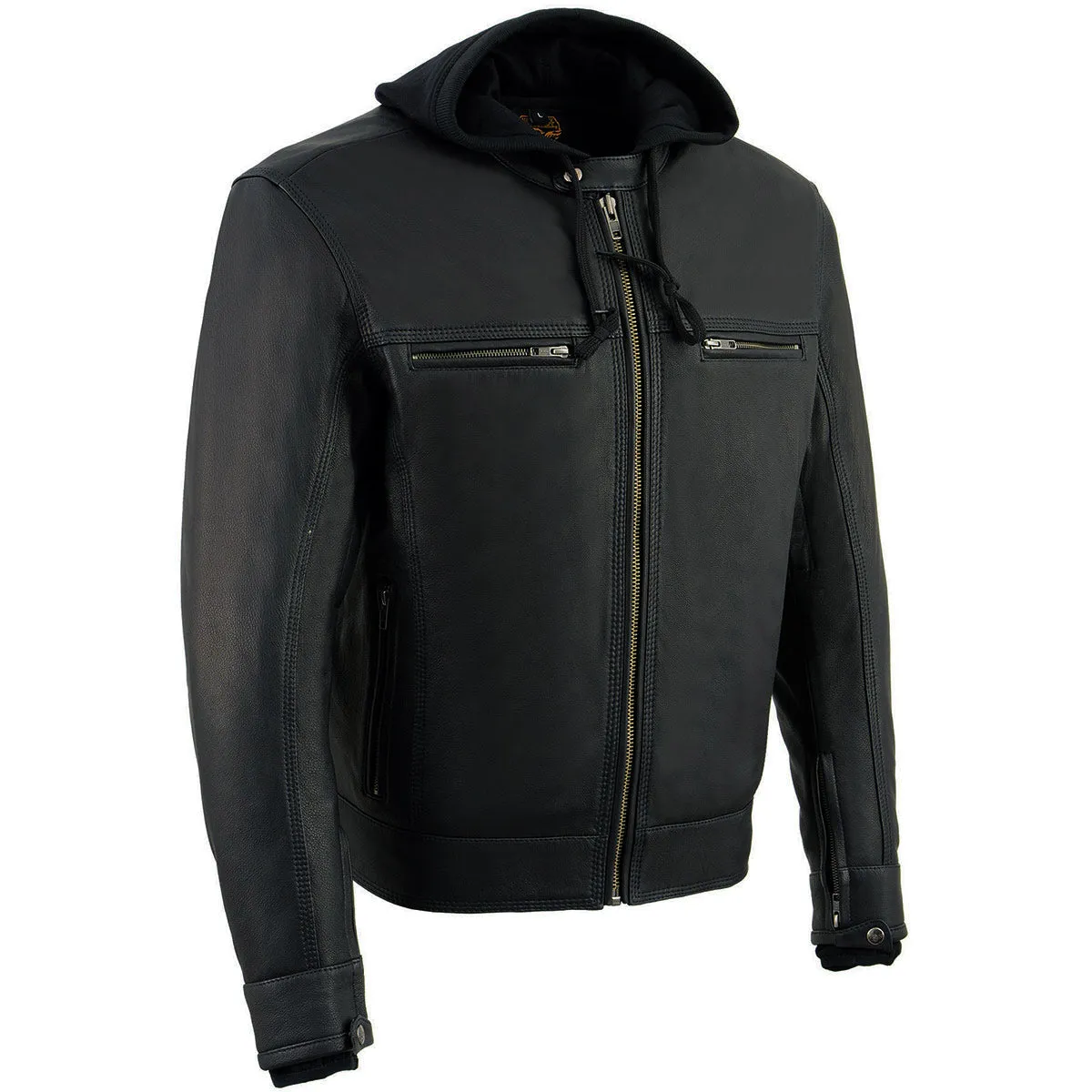 Milwaukee Leather MLM1552 Men's Black Leather Utility Pocket Vented Scooter Style Motorcycle Jacket w/ Hoodie