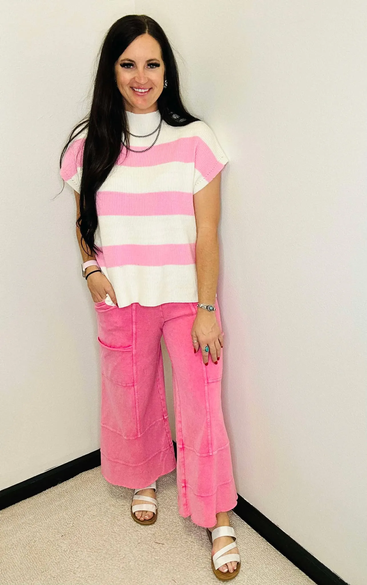 Theo Pink Wide Leg Terry Knit Pants