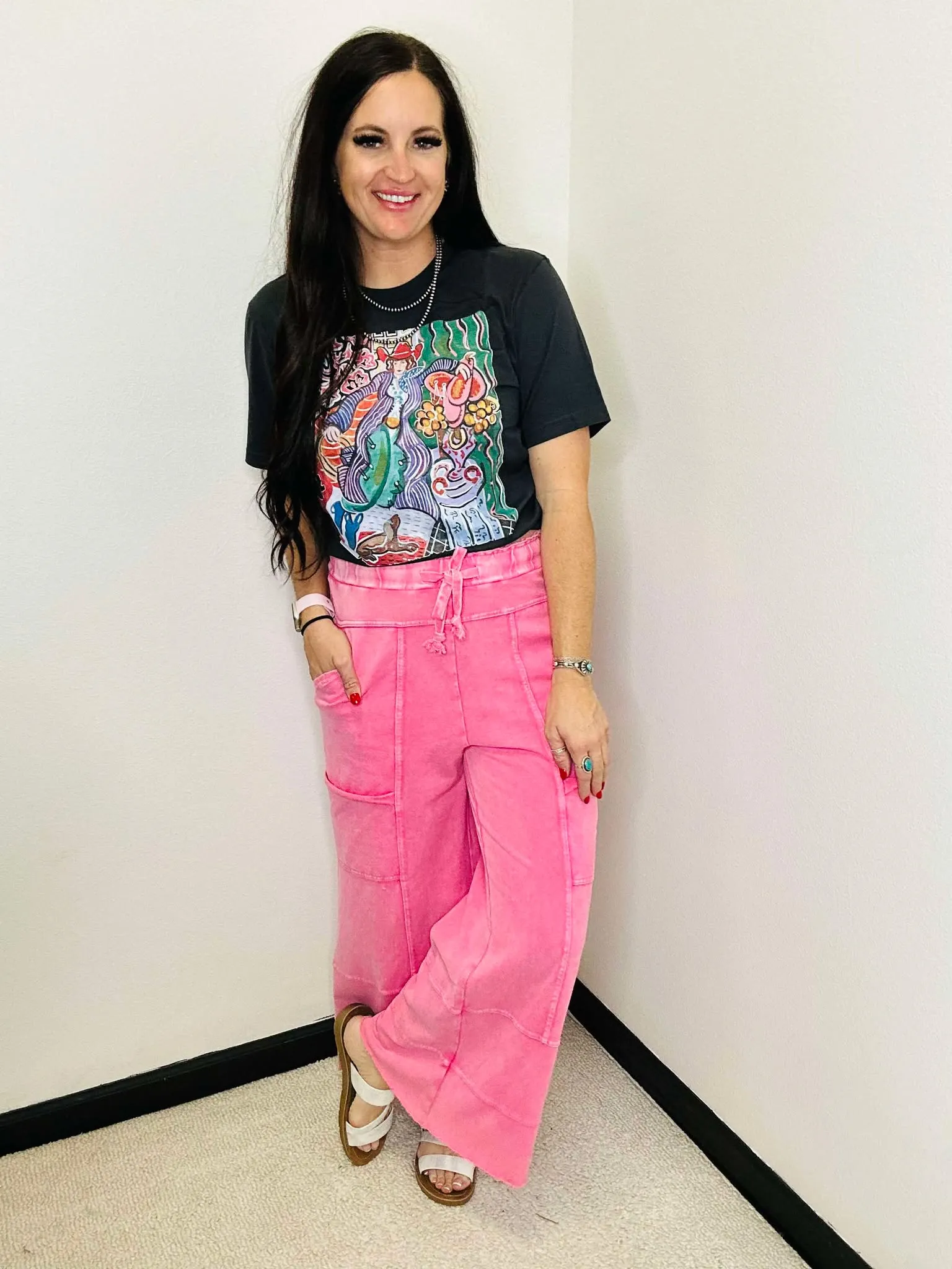 Theo Pink Wide Leg Terry Knit Pants