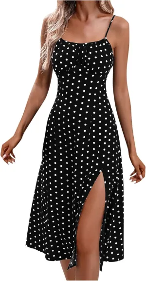 Women's Casual Dresses 2025 Summer Split Hem Boho Vacation Mini Dress Trendy Sleeveless Spaghetti Straps Sundress