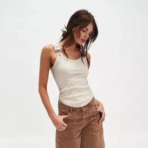 Womens Tank Top  Slim Fit Ribbed Knit  Detachable Buckle Straps  Round Neck Casual