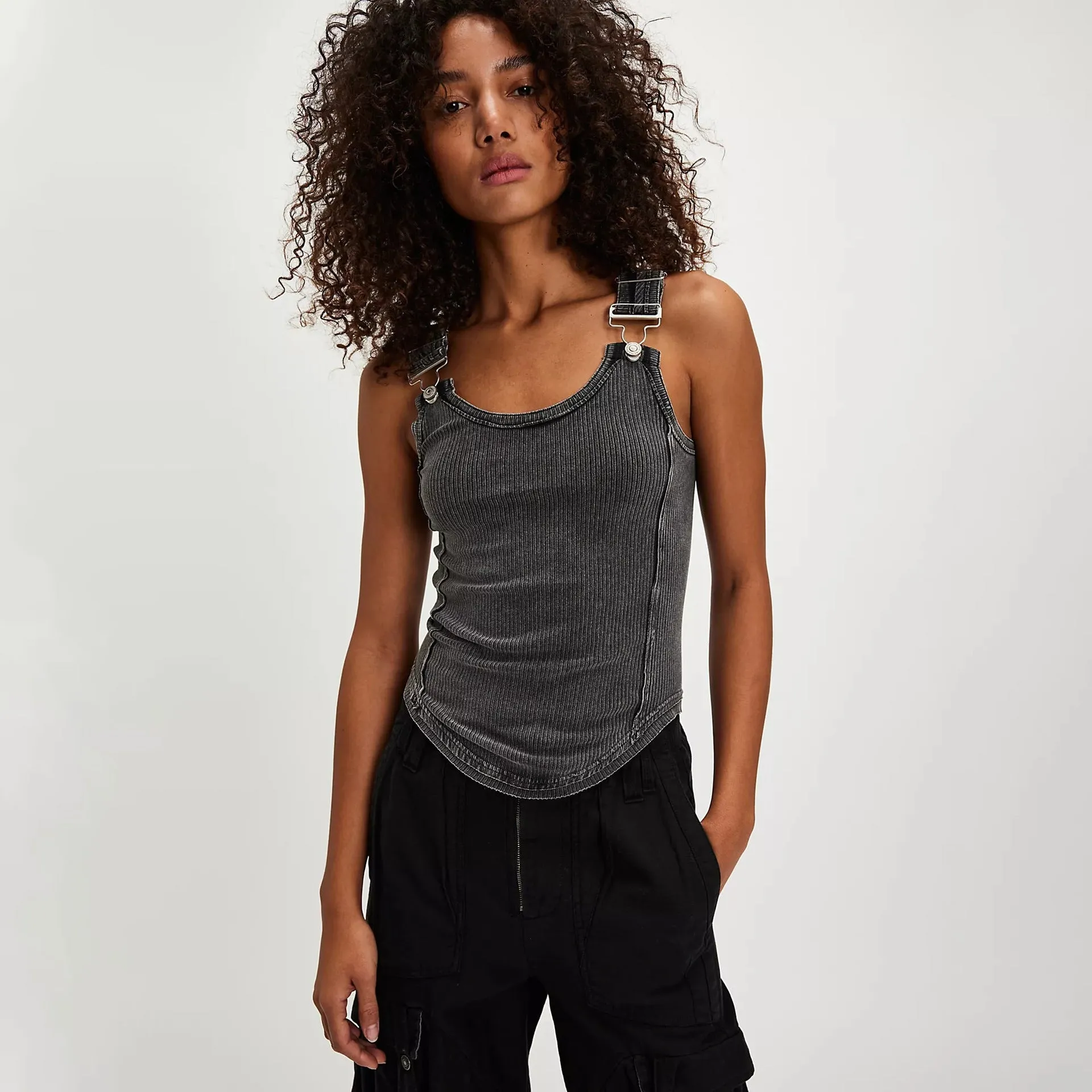 Womens Tank Top  Slim Fit Ribbed Knit  Detachable Buckle Straps  Round Neck Casual