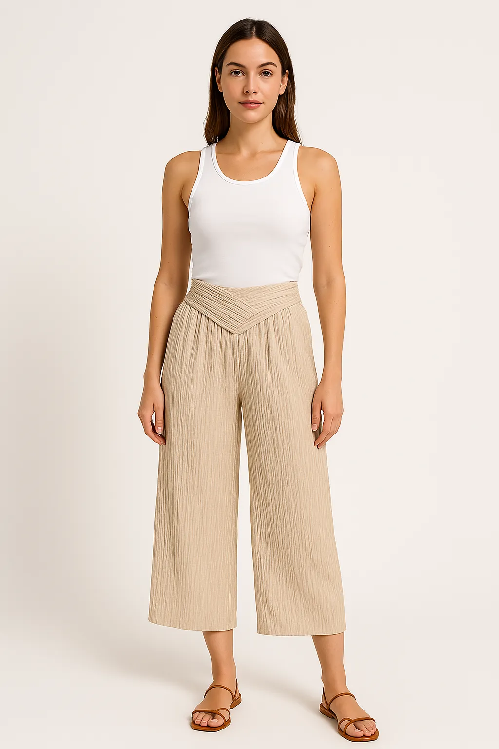 Womens Wide-Leg Pants  High Waist  Cropped Length  Pleated Lightweight Fabric